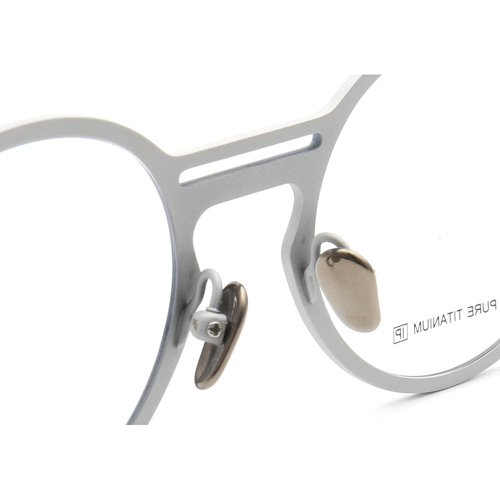 Nose pads of round grey titanium eyeglass frames