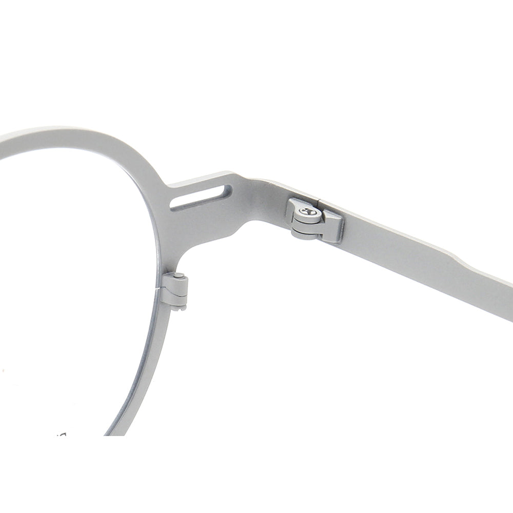 Inner hinge of round grey titanium eyeglass frames