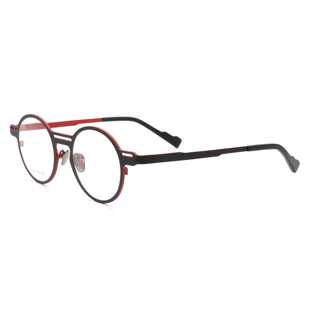 Side view of red and black round retro titanium eyeglasses