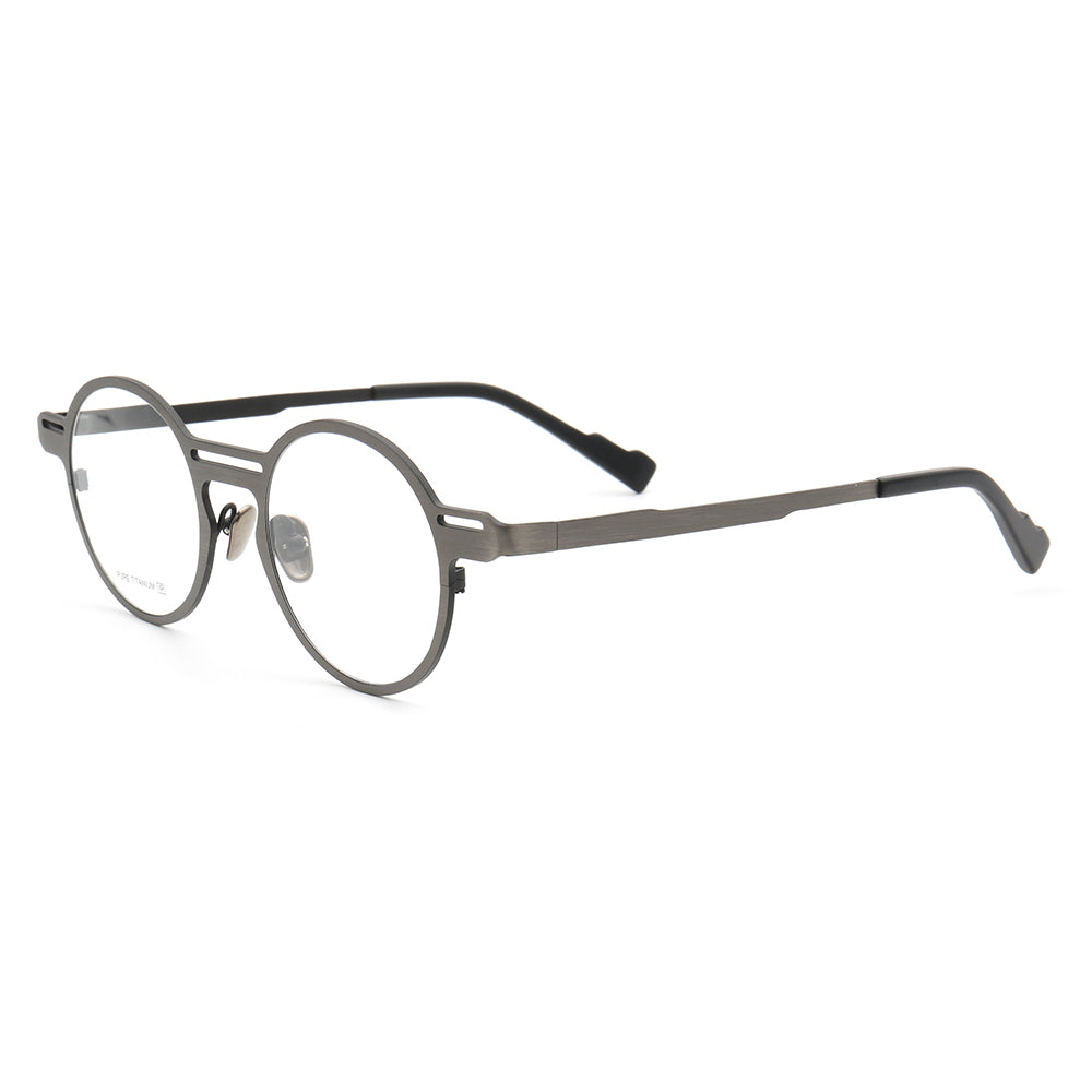 Side view of grey round retro titanium eyeglass frames