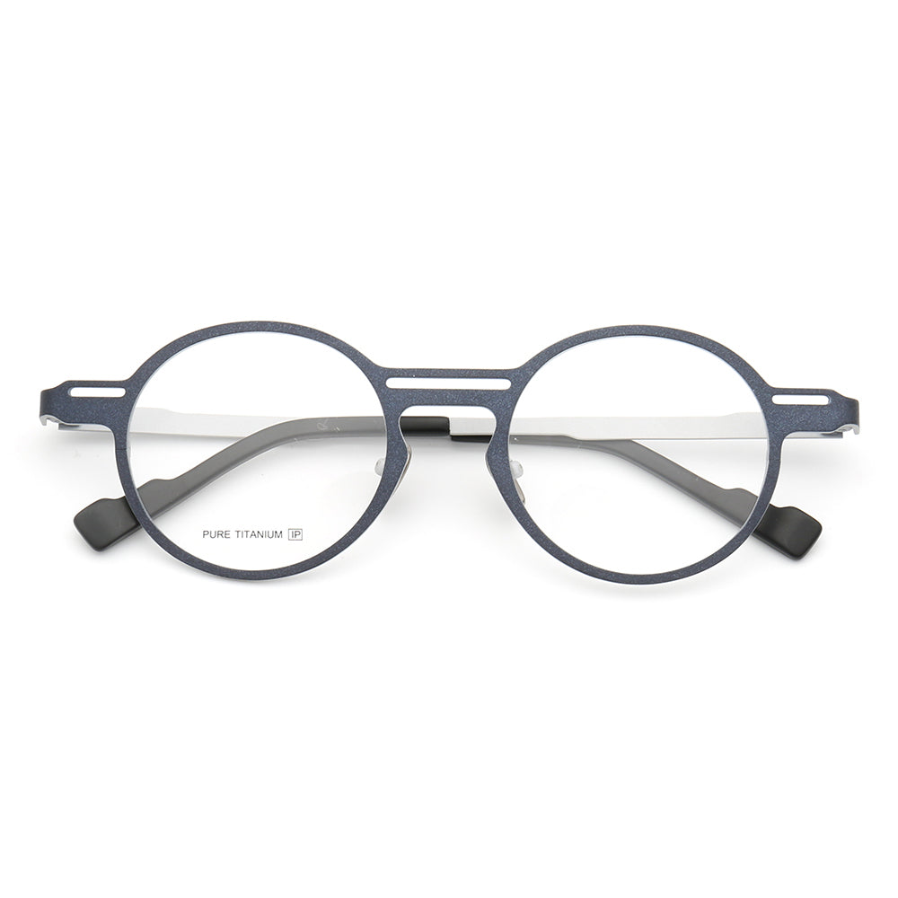 Blue and silver round retro titanium eyeglass frames