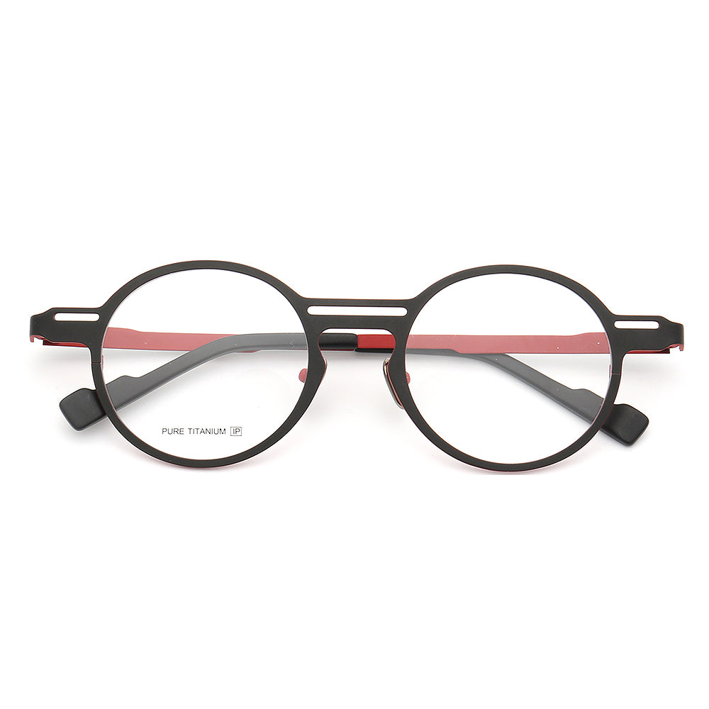 Front view of red and black round retro titanium eyeglasses