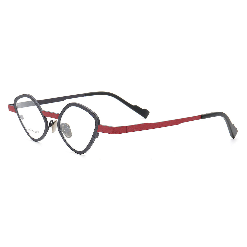 Side view of black and red geometric cat eye glasses