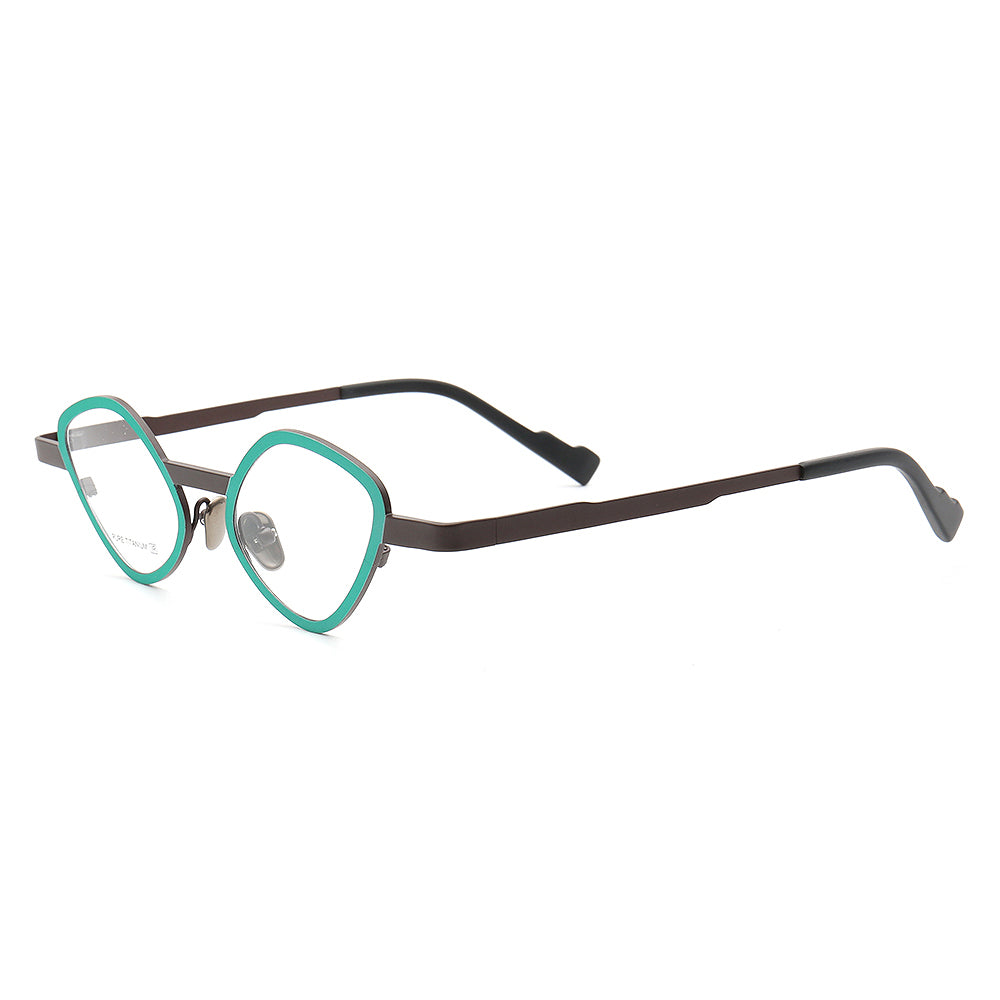 Side view of teal geometric cat eye glasses frames