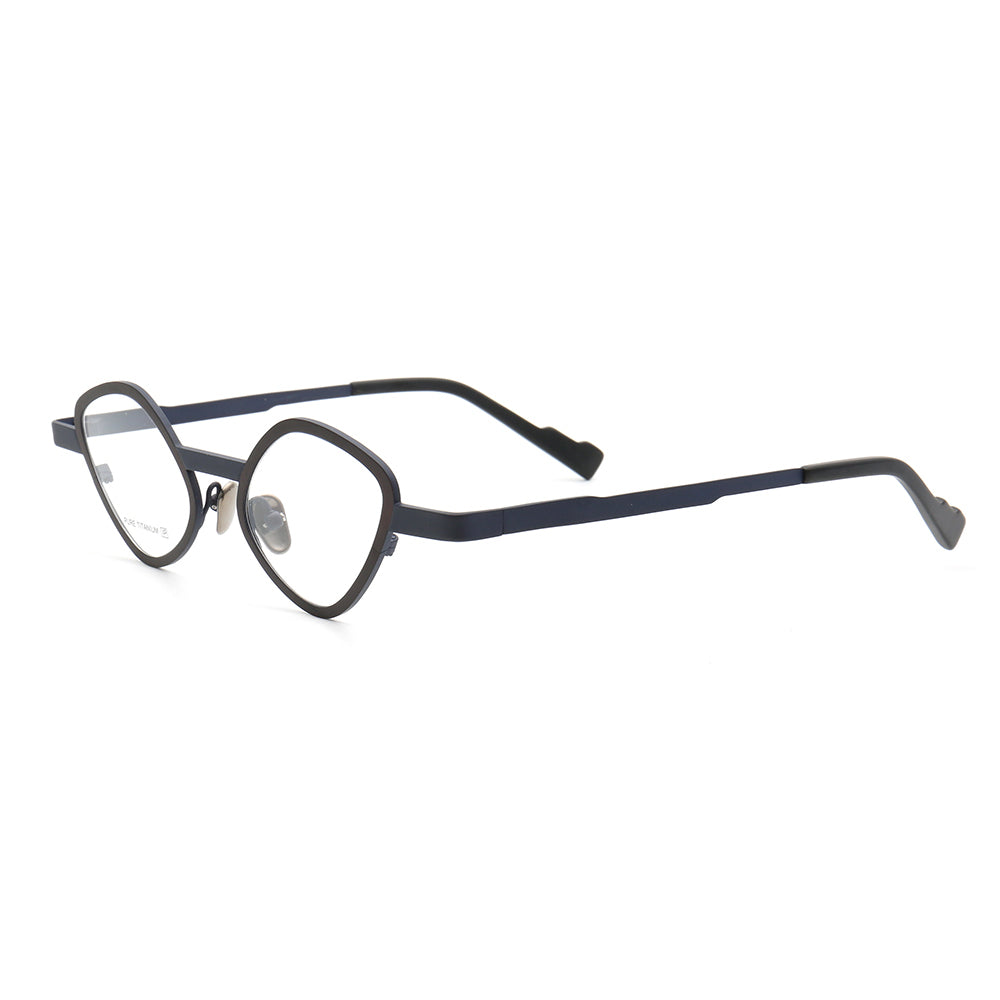 Side view of multicolored geometric cat eye glasses frames