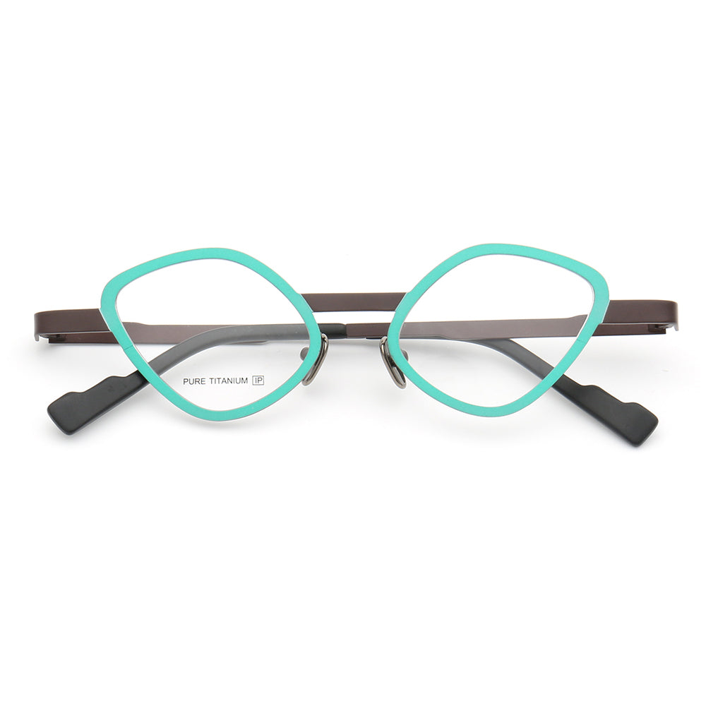 Teal colored geometric cat eye eyeglass frames