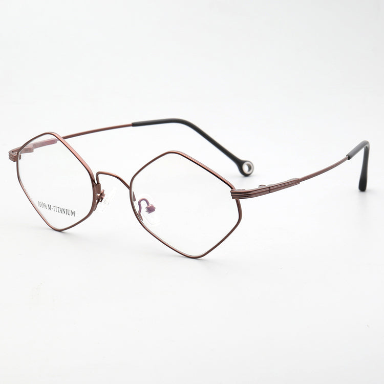 Side view of brown geometric memory metal eyeglass frames