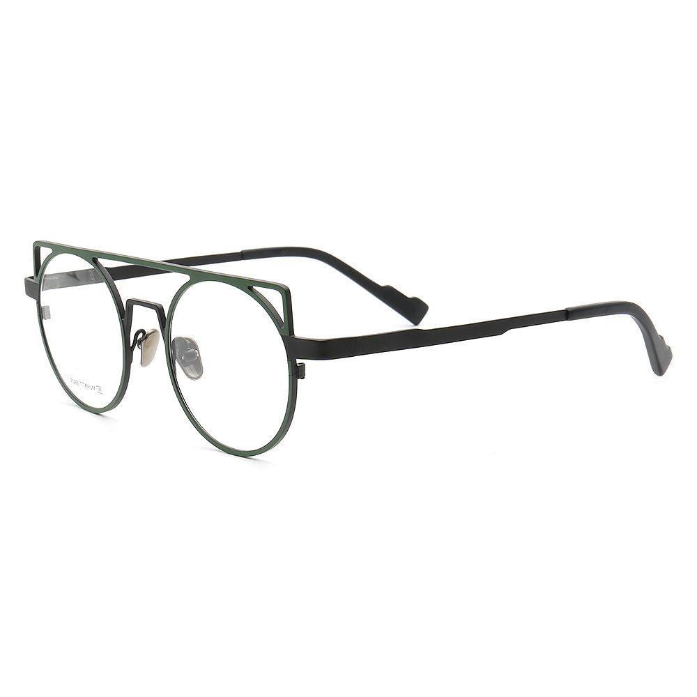 Side view of black and green retro flat top titanium glasses