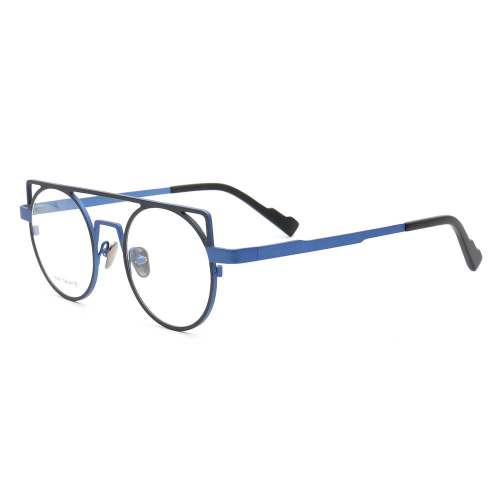 Side view of blue retro flat top titanium eyeglass frames