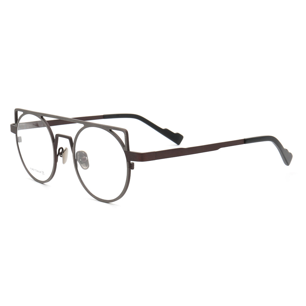 Side view of multicolored flat top retro titanium eyeglass frames