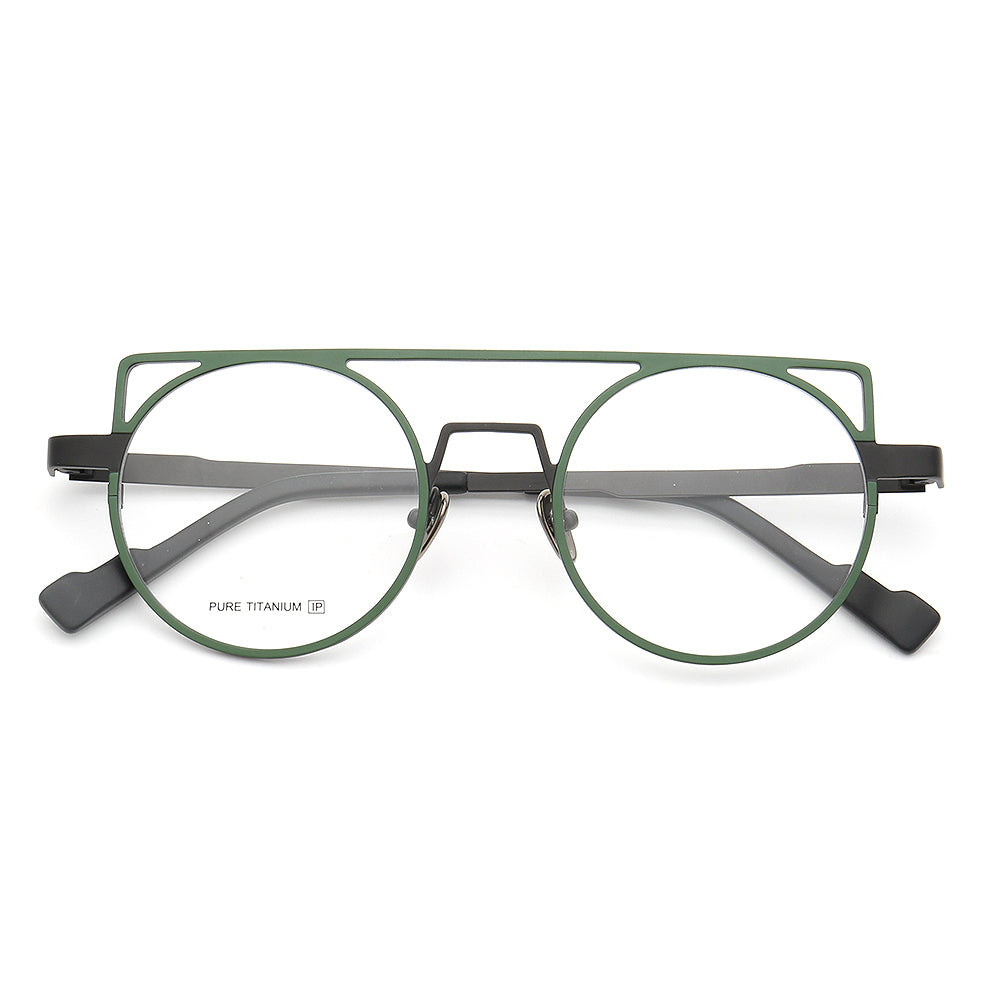 Black and green retro flat top titanium eyeglass frames