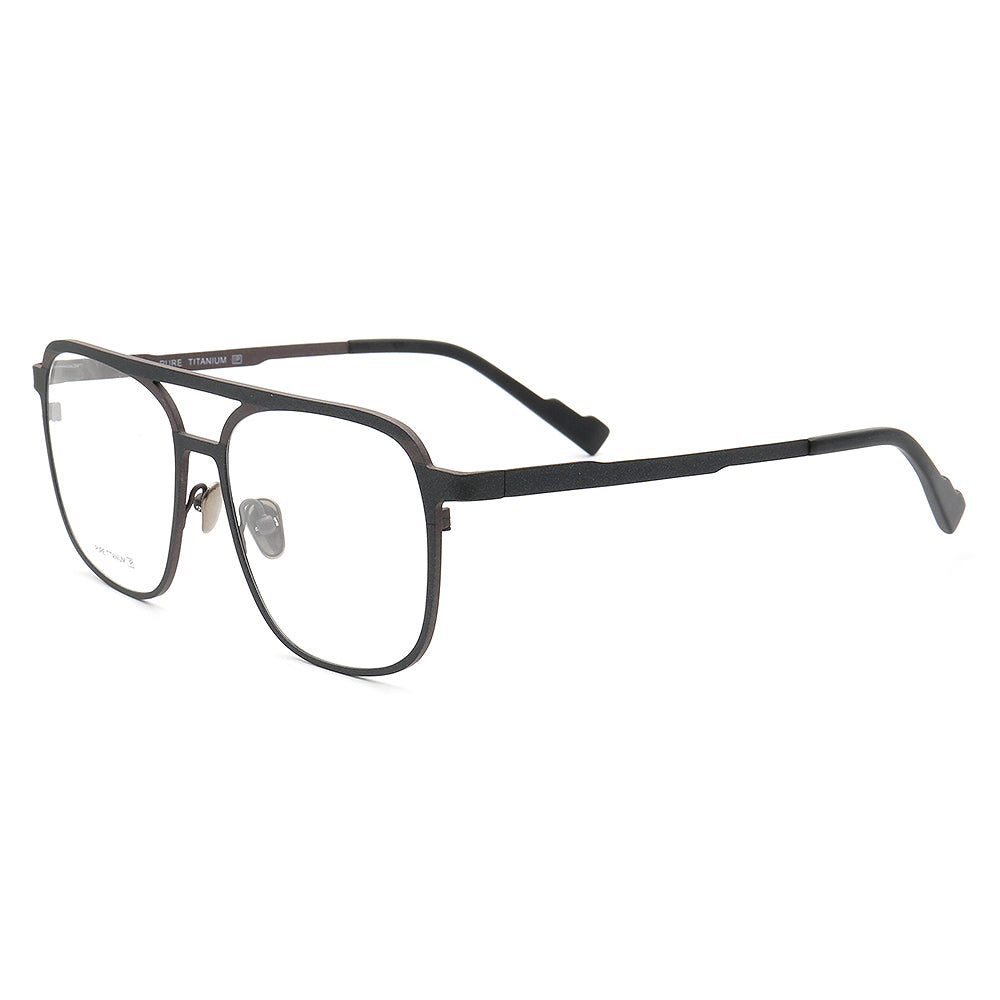 Side view of black and grey flat top titanium eyeglass frames