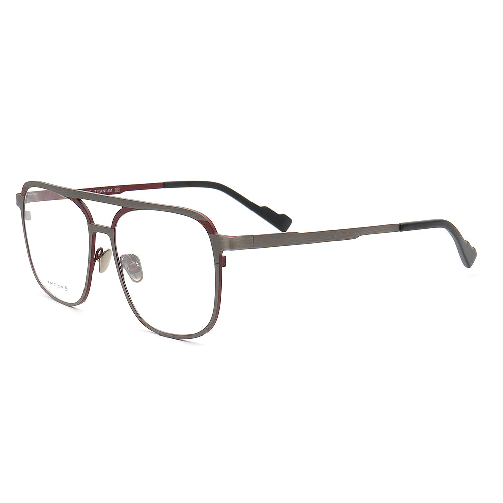 Side view of red and silver flat top titanium eyeglasses