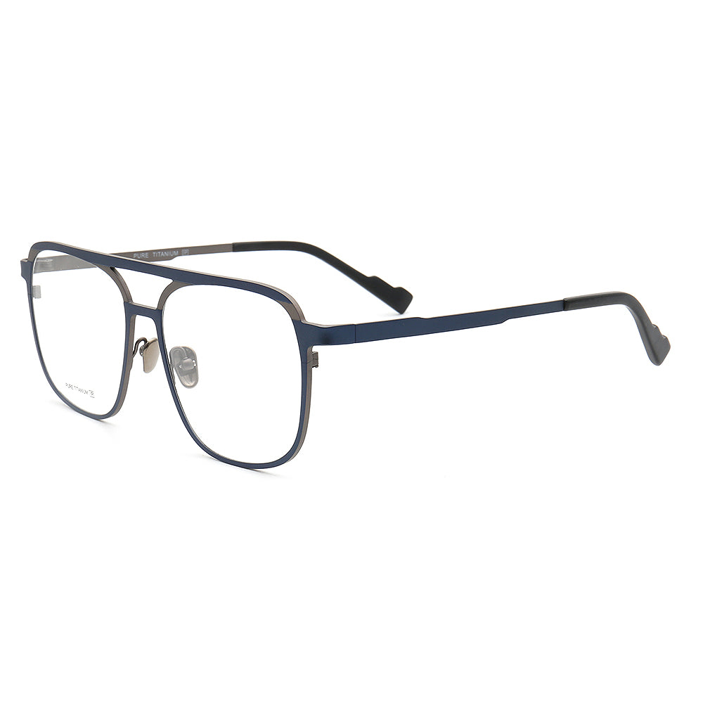 Side view of blue and grey flat top titanium eyeglasses