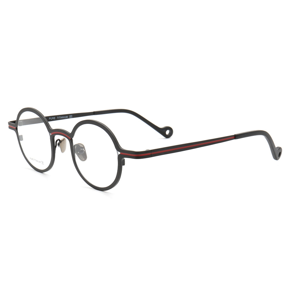 Side view of black and red striped titanium eyeglasses