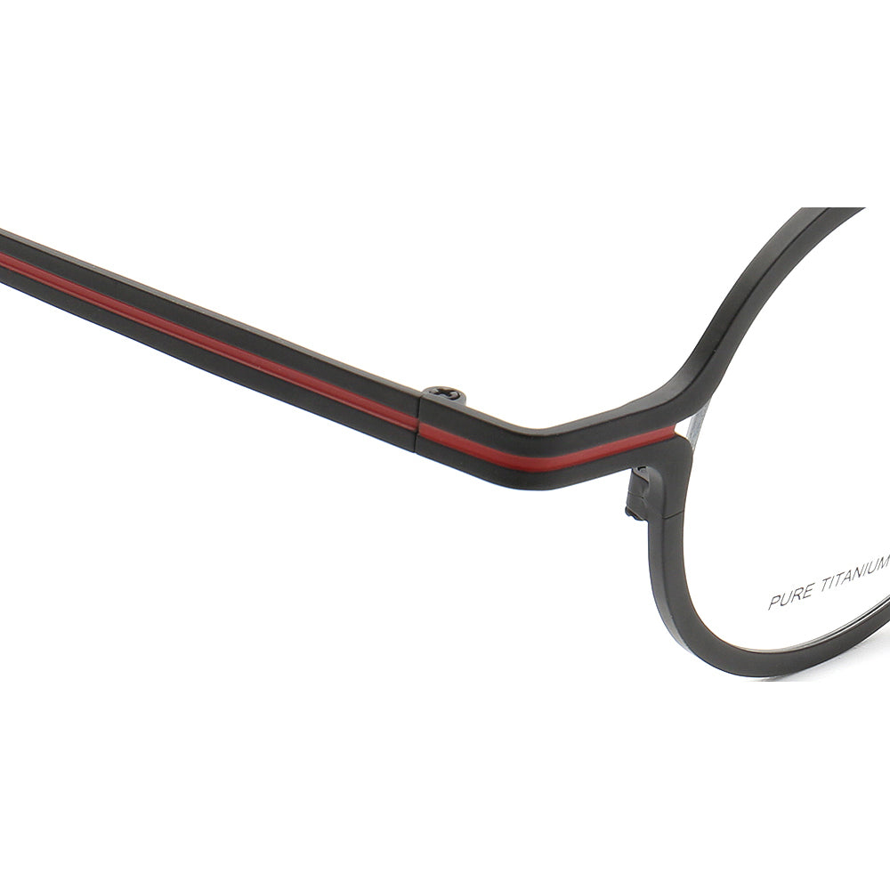 Temple of black and red striped titanium eyeglasses