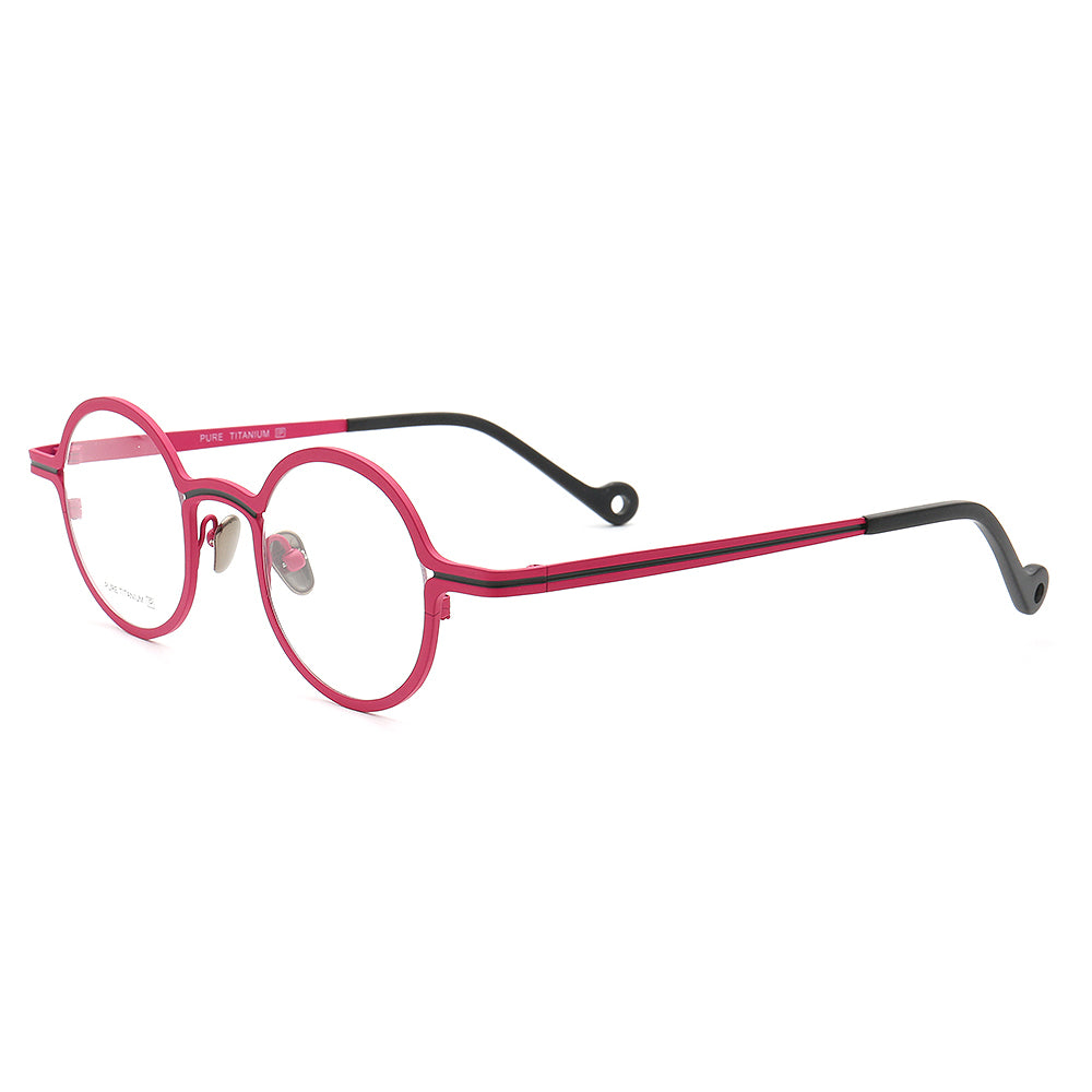 Side view of pink and black striped titanium eyeglasses