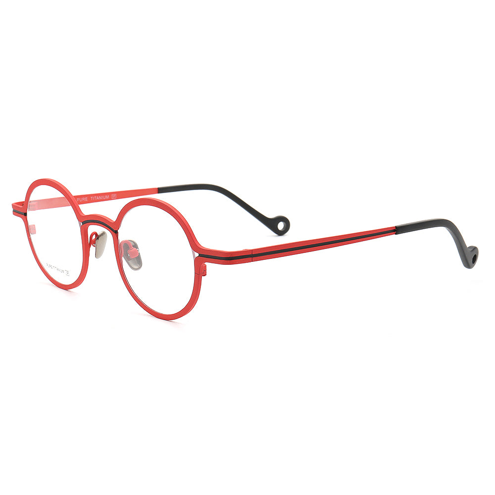 Side view of red and black striped titanium glasses