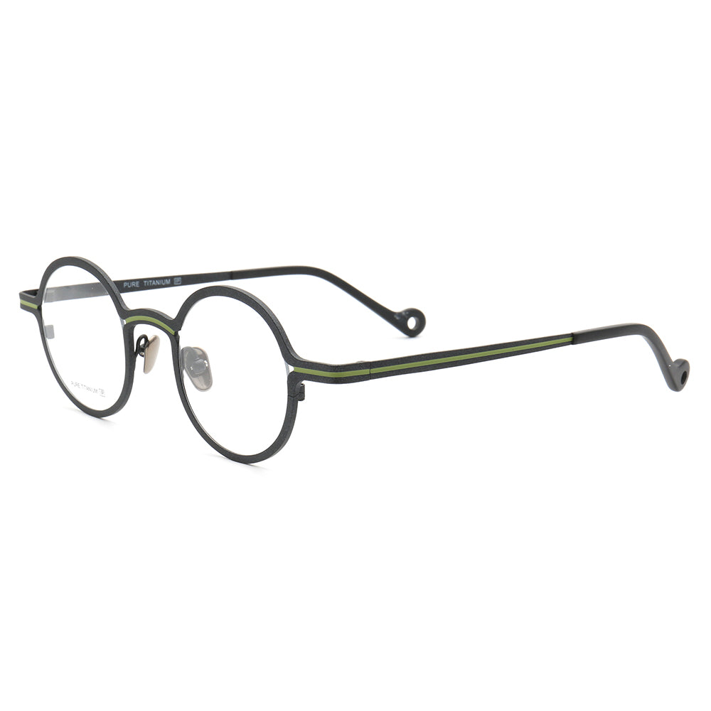 Side view of black and green striped titanium eyeglasses