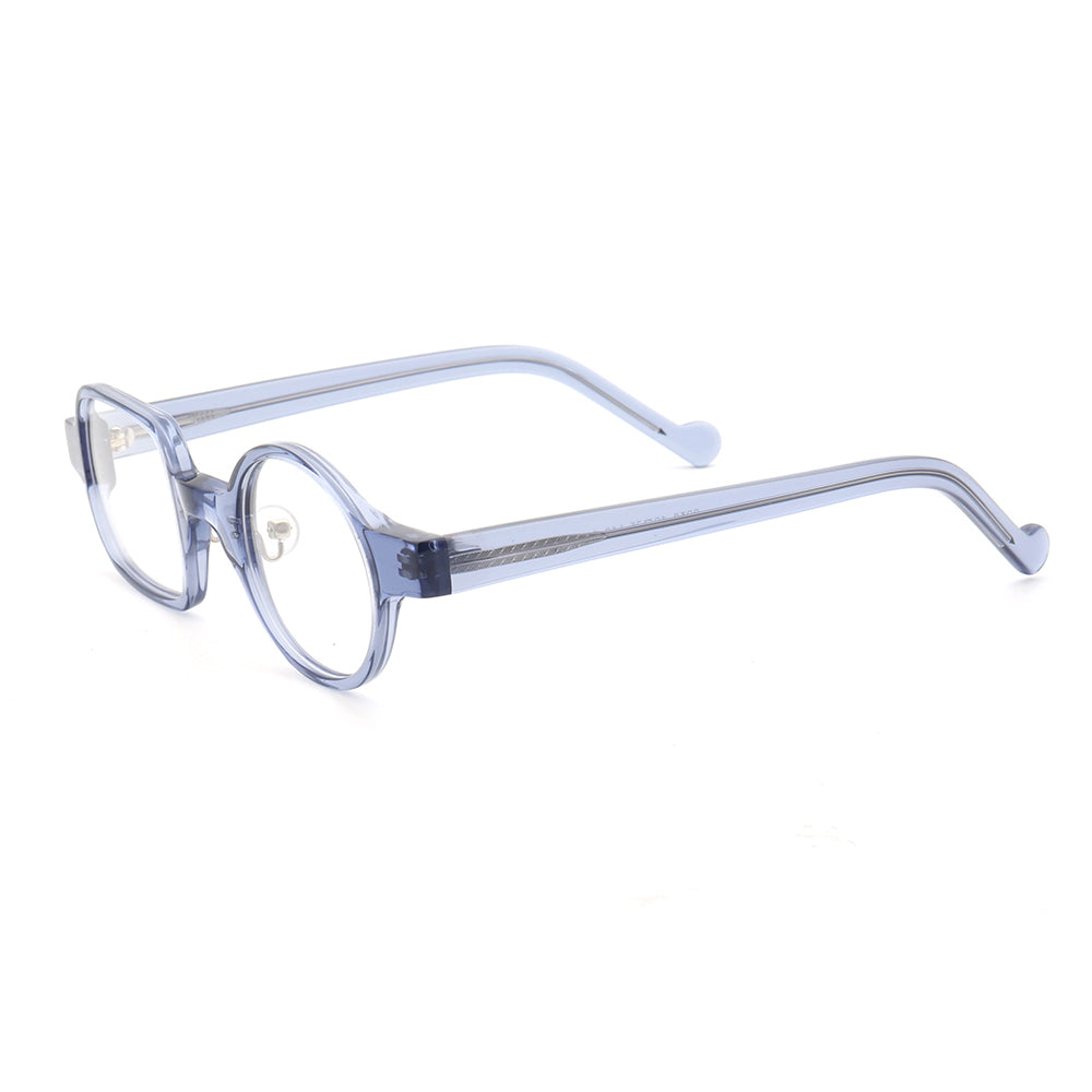 Side view of clear blue mismatch eyeglass frames