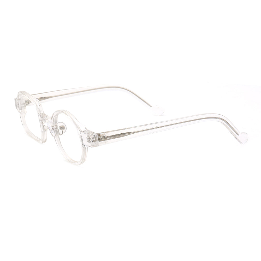 A pair of retro mismatch clear eyeglasses