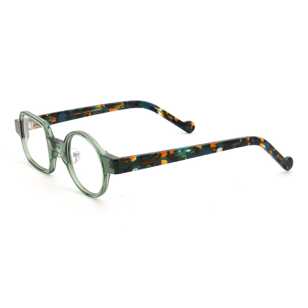 Side view of green tortoise mismatch eyeglasses frames