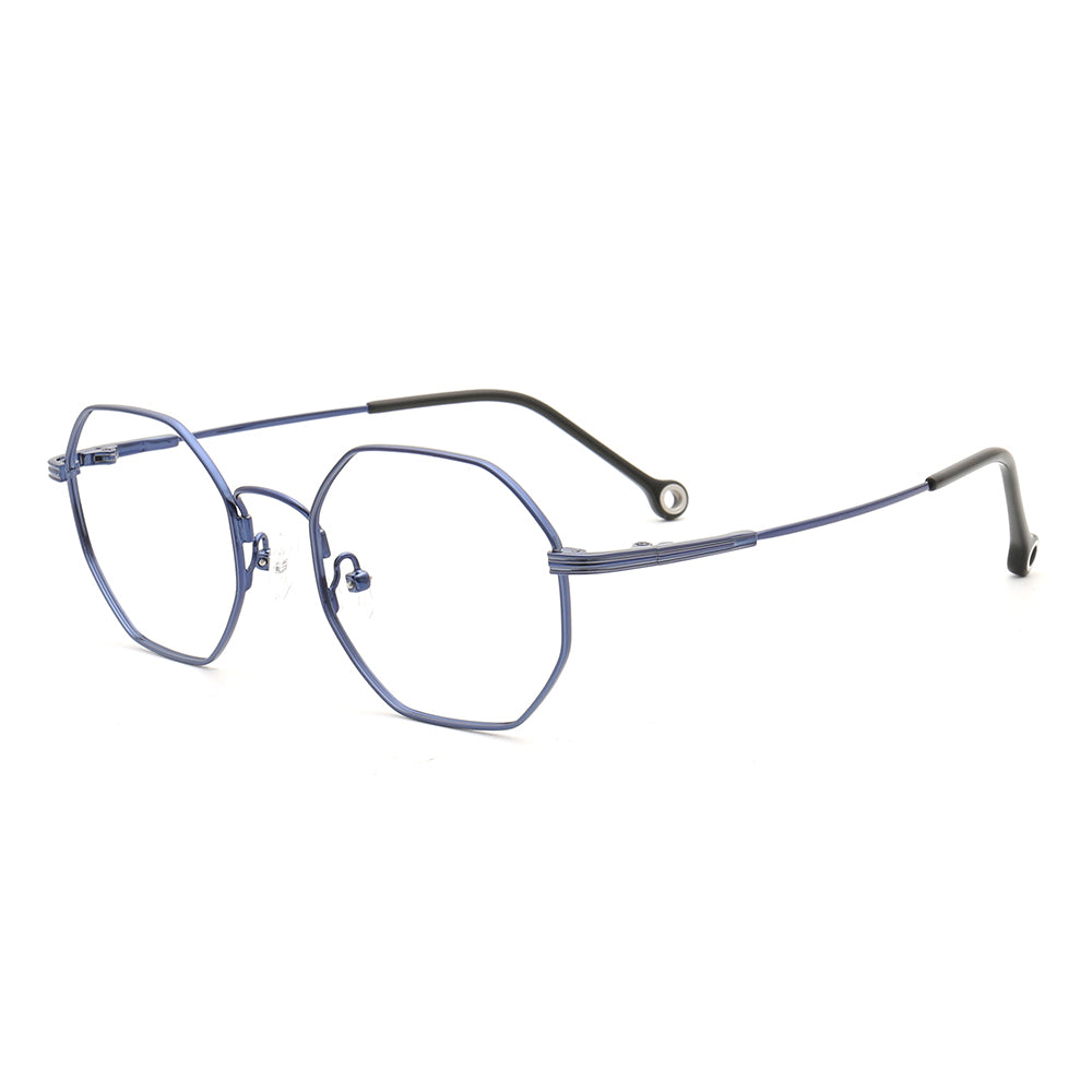 Side view of blue geometric full rim eyeglasses