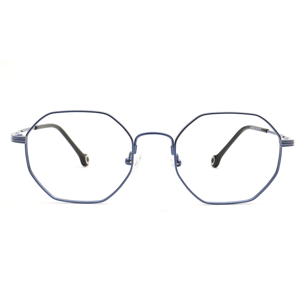 Blue geometric full rim memory metal eyeglasses