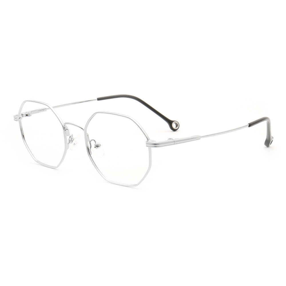 Side view of silver geometric memory metal eyeglasses