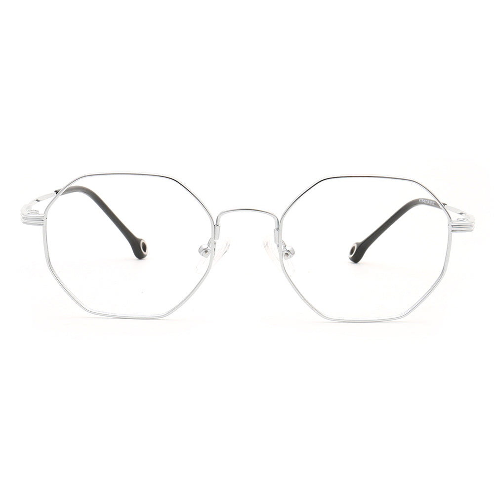 A pair of silver geometric full rim eyeglass frames