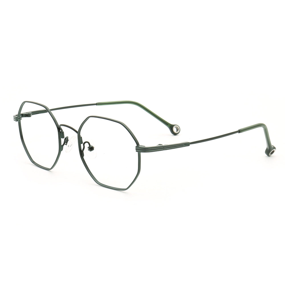 Side view of green full rim memory metal glasses