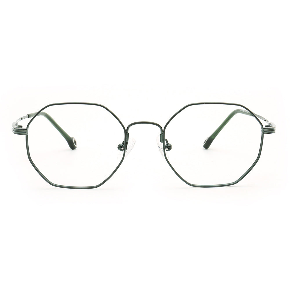 A pair of green round full rim memory metal glasses