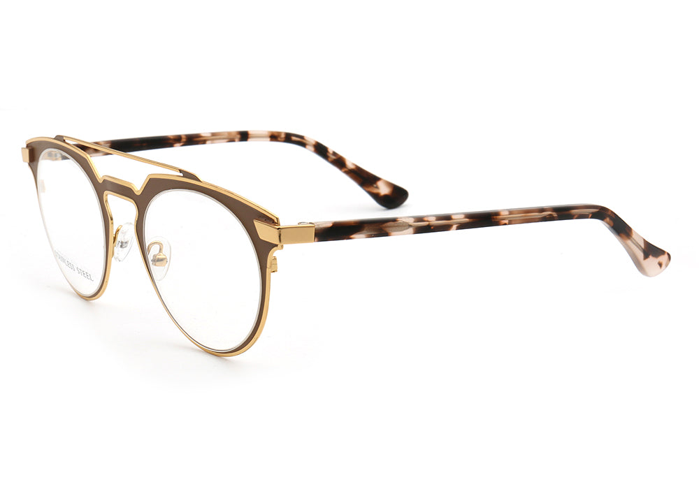 Side view of brown patterned flat top metal eyeglasses