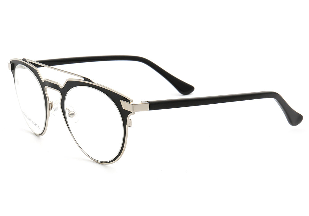 Side view of black metal flat top eyeglass frames