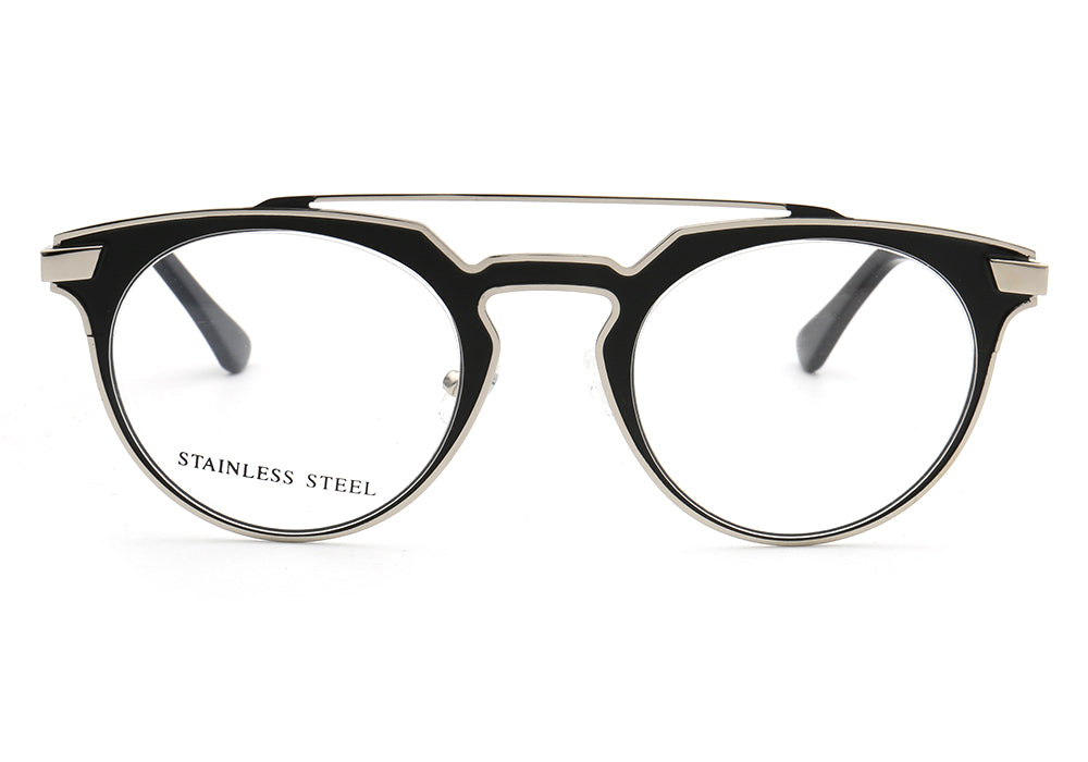 Front view of black flat top metal eyeglasses frames