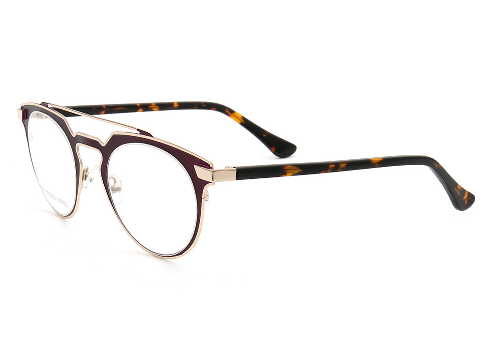 Side view of ruby colored flat top metal eyeglass frames