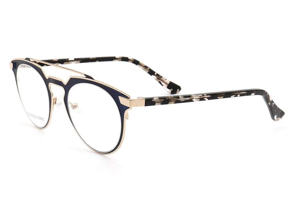 Side view of blue flat top tortoise patterned eyeglasses