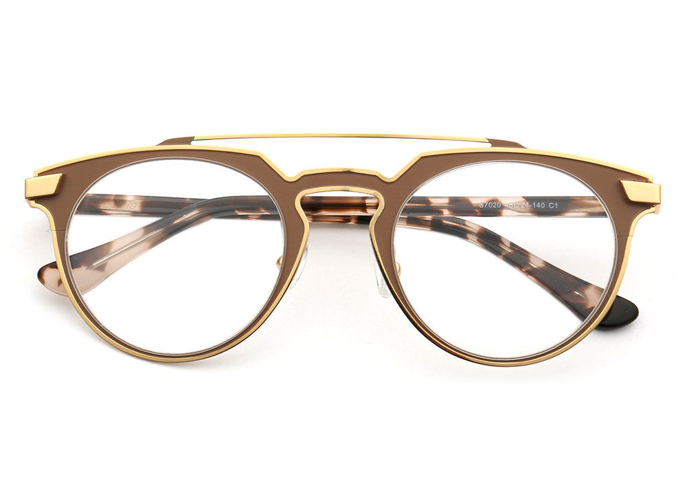 Front view of brown flat top tortoise patterned metal eyeglasses