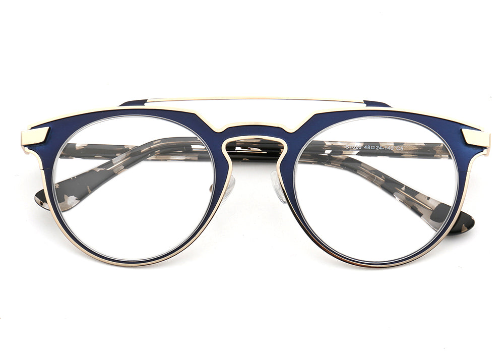 Front view of blue flat top tortoise patterned eyeglasses