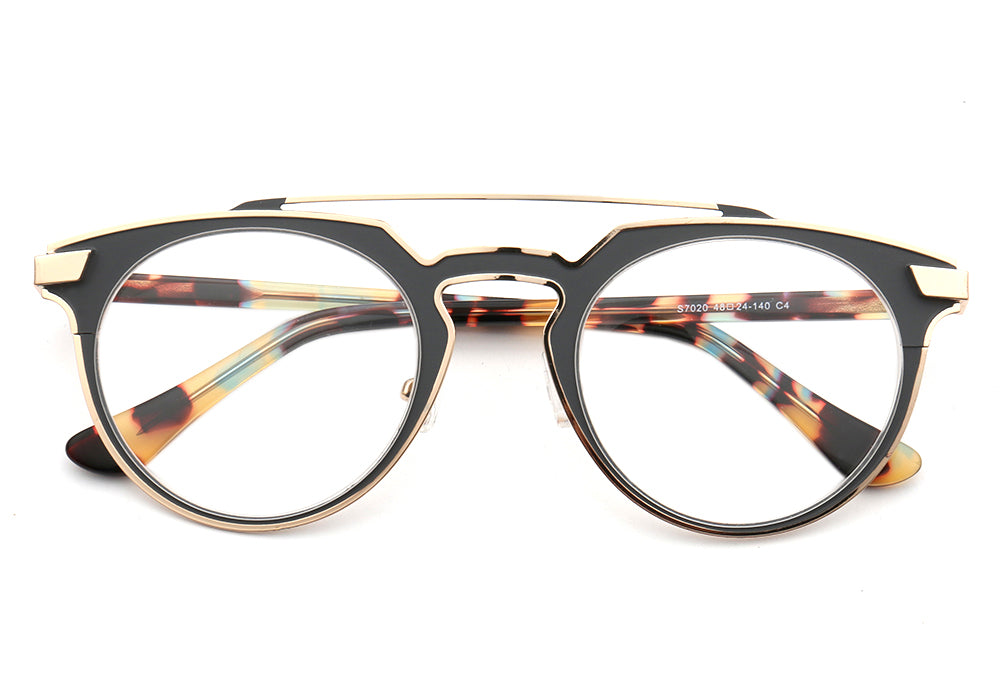 Front view of grey flat top tortoise eyeglass frames