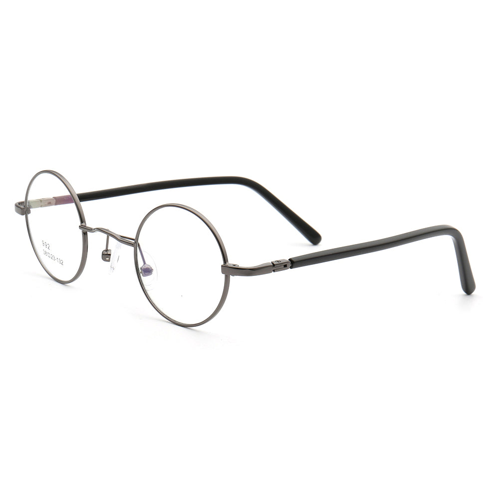 Side view of retro round grey eyeglass frames