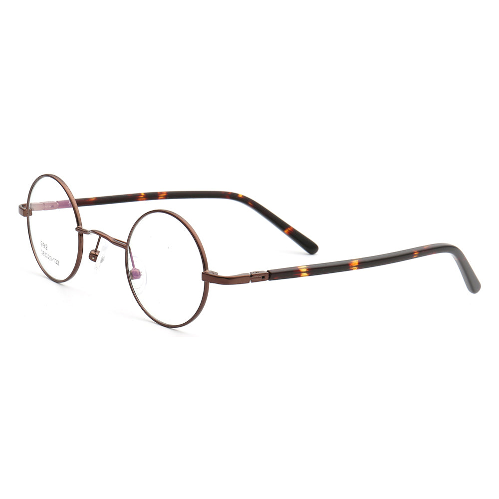 Side view of brown retro eyeglasses with tortoise shell temples