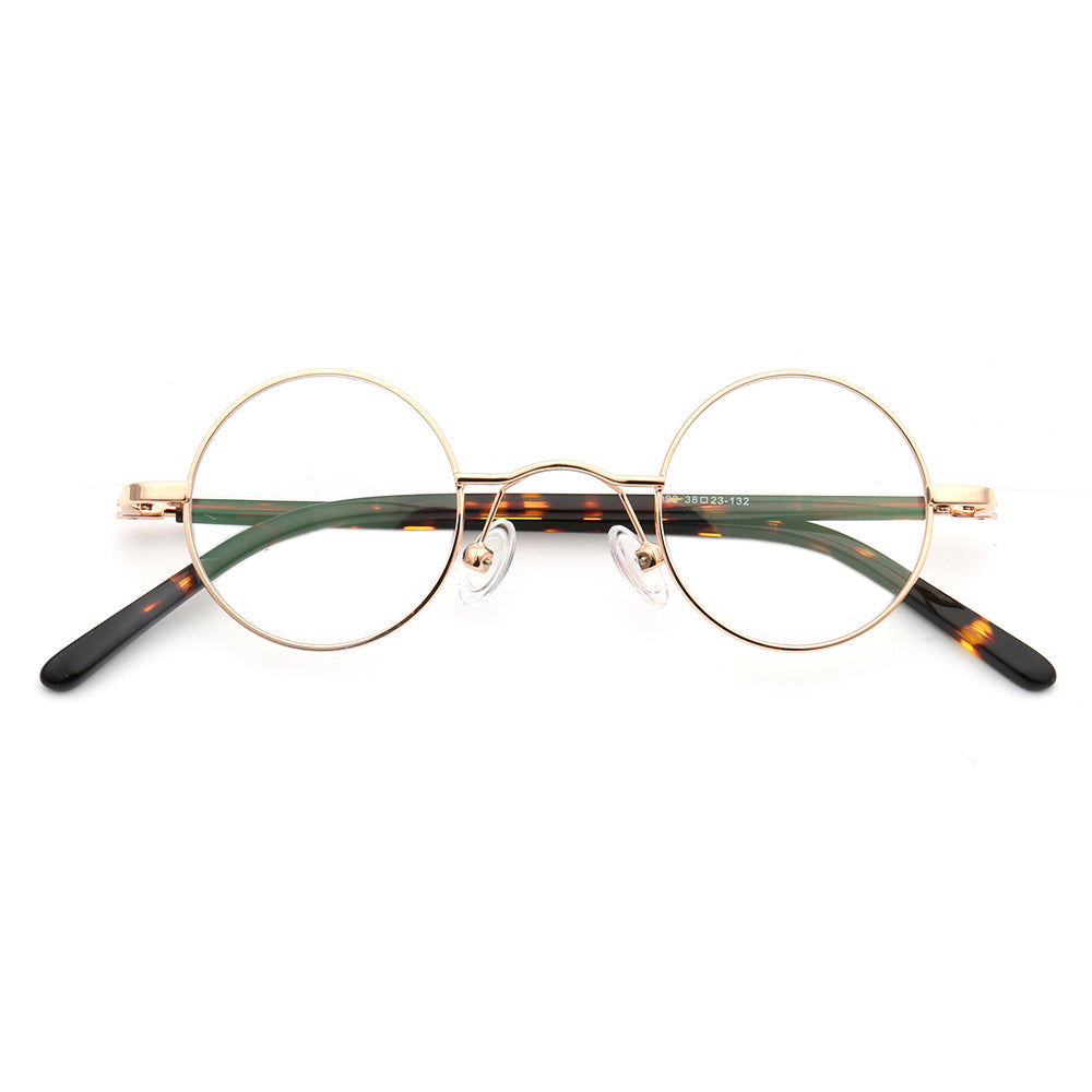 A pair of gold nerd style round eyeglasses