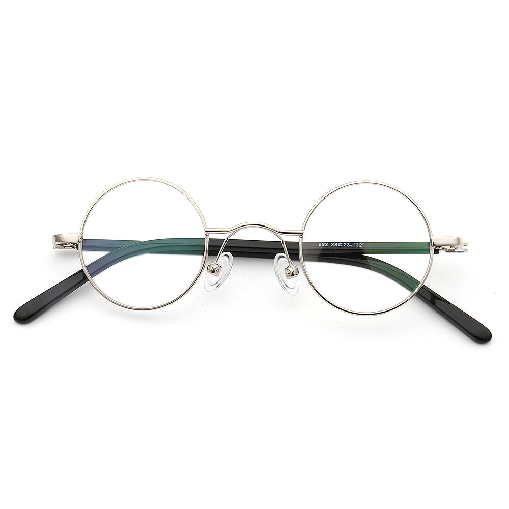 A pair of silver round retro eyeglass frames