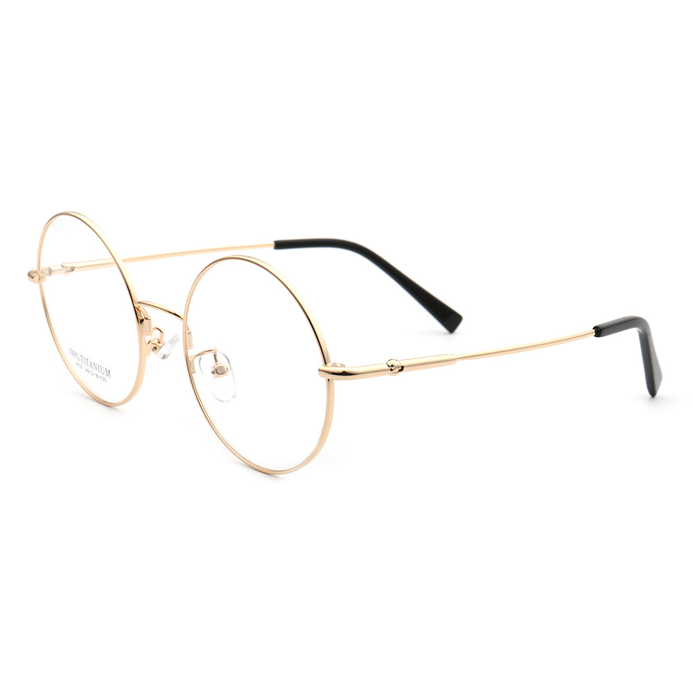 Side view of gold round metal glasses
