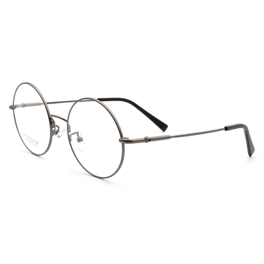 Side view of gunmetal colored glasses frames