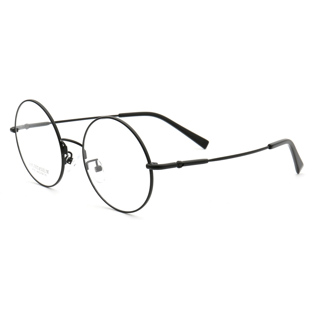Side view of black round memory metal glasses