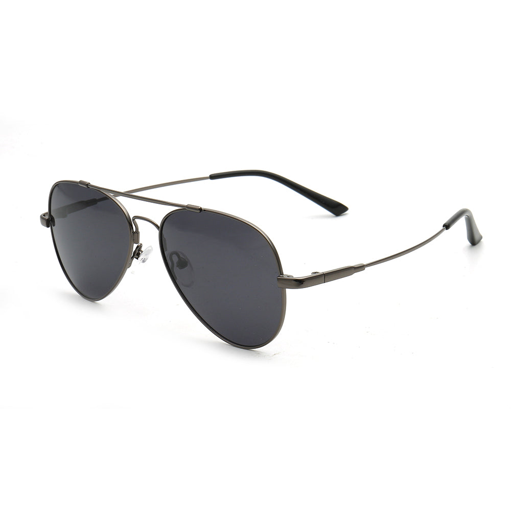 Side view of gunmetal colored pilot sunglasses