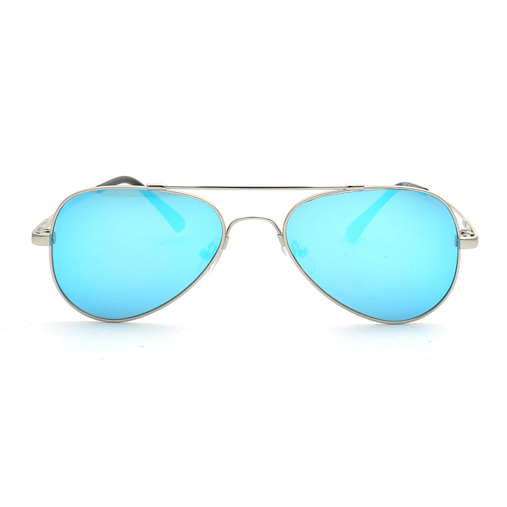 Front view of blue pilot sunglasses