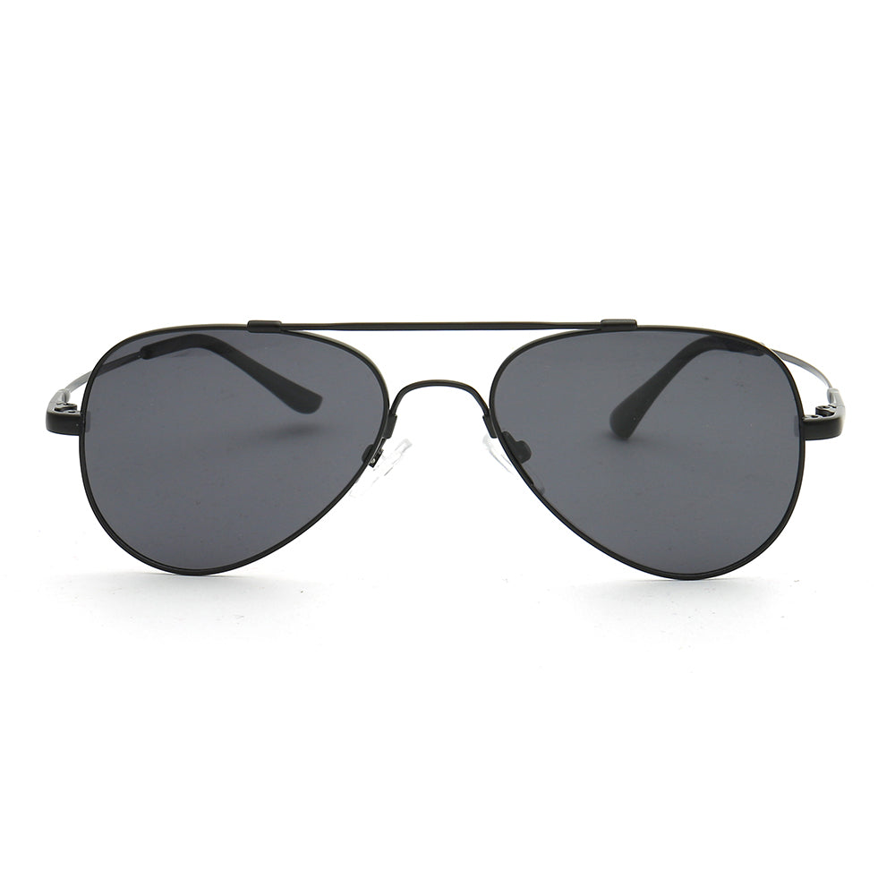 Front view of black polarized pilot sunglasses